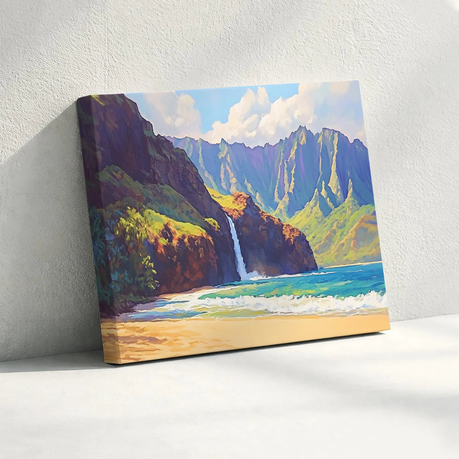 Hawaiian Napali Coast Canvas Art | Tropical Mountain Waterfall Landscape | Premium Gallery Wrapped Wall Decor | Island Beach Home Office Gift
