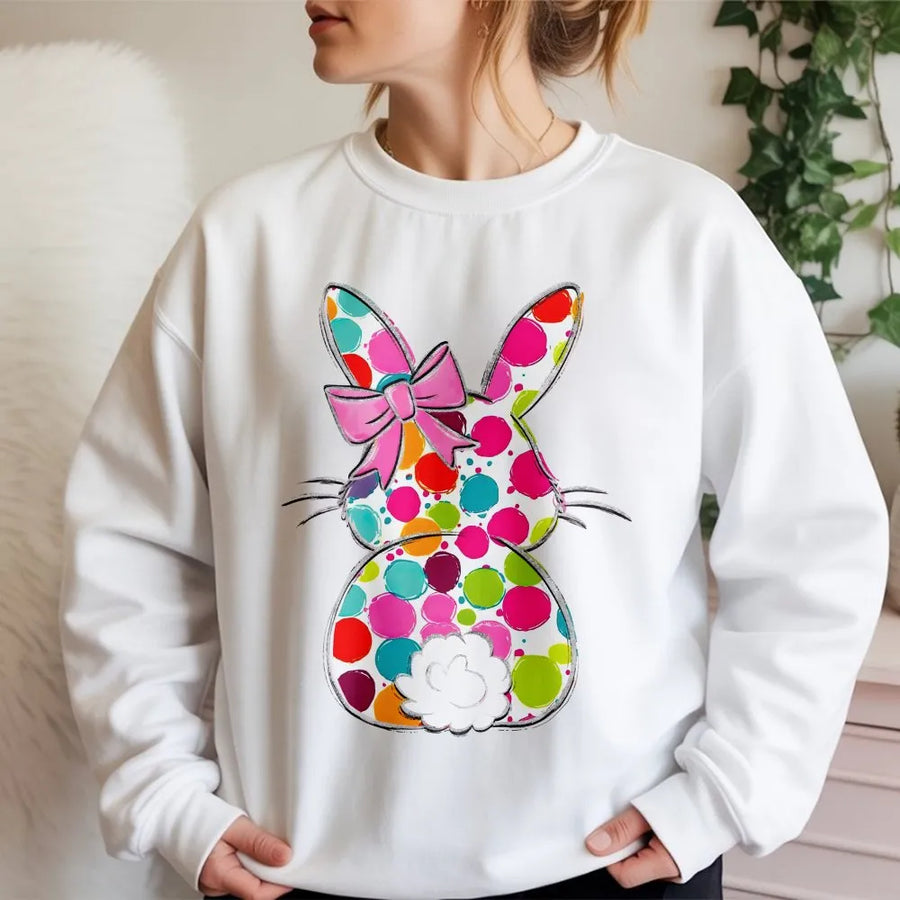Easter Bunny Sweatshirt | Colorful Polka Dot Rabbit with Coquette Bow | Premium Soft Cotton Blend | Cute Spring Holiday Gift for Women