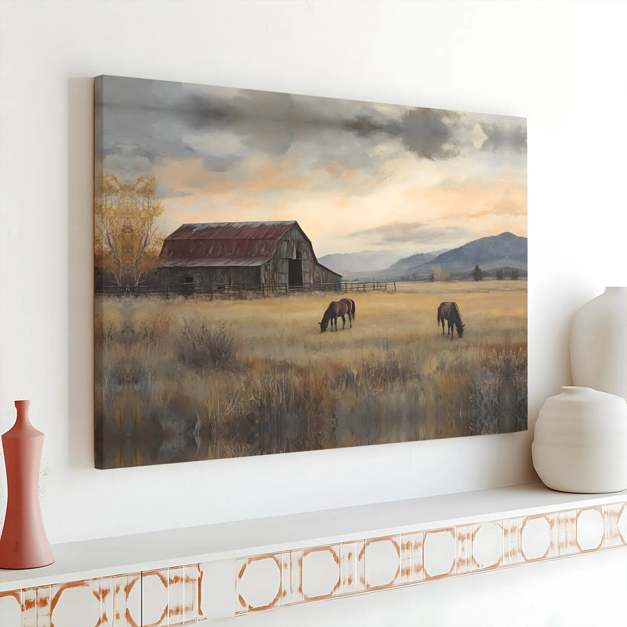 Rustic Farmhouse Canvas Print | Grazing Horses in Golden Field Landscape | 1.25" Premium Gallery Wrap | Country Home Decor Wall Art
