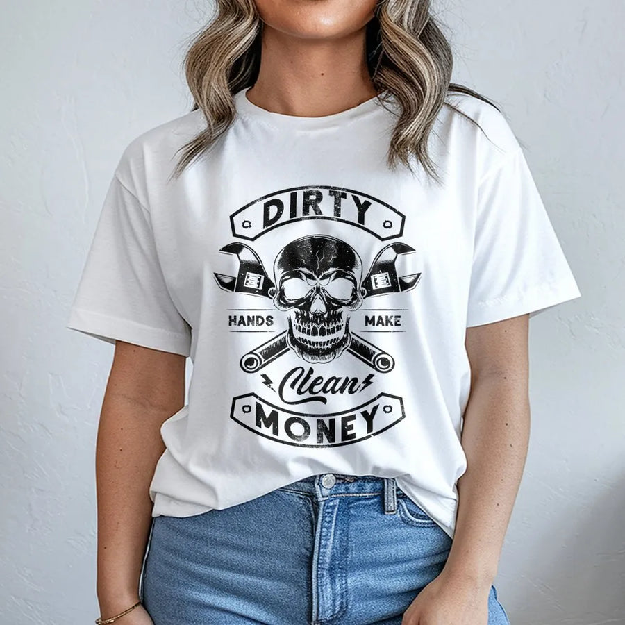 Dirty Hands Clean Money T-Shirt | Skull Wrench Mechanic Graphic | Premium Cotton Workwear | Gift For Blue Collar Worker Dad Husband