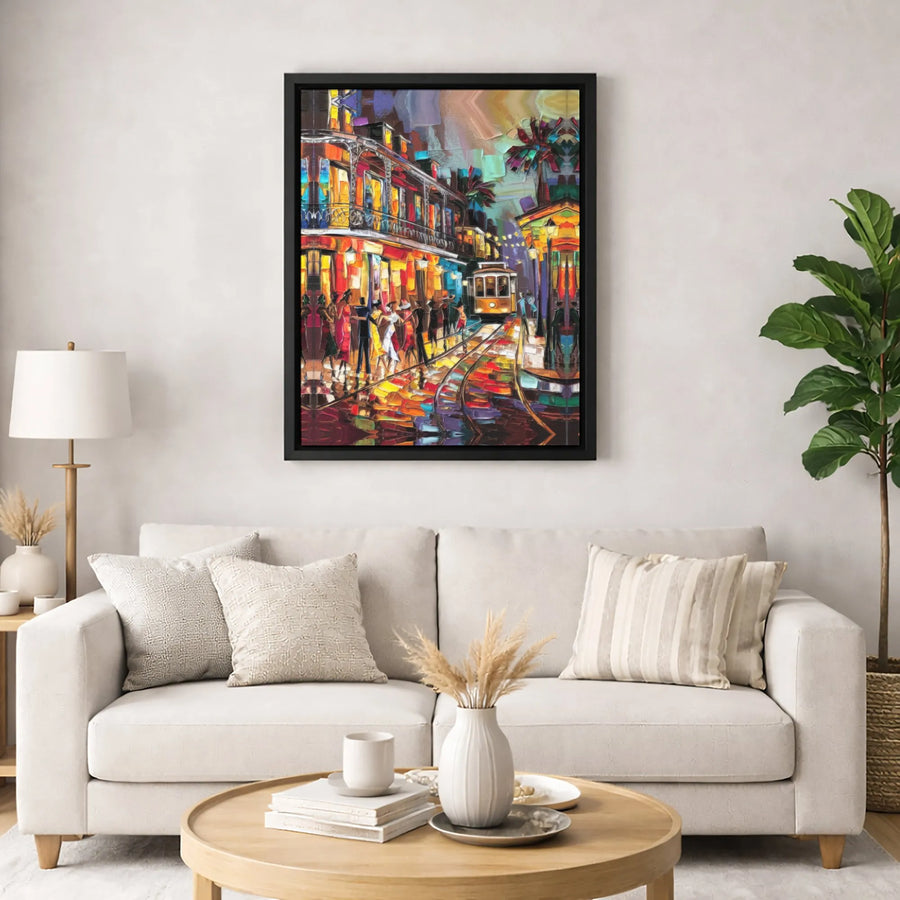 New Orleans Streetcar Canvas Print | Abstract Night Cityscape Art | Gallery-Quality 1.25 Inch Profile | Premium Home Decor Gift