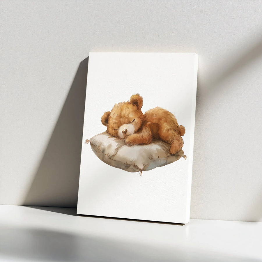 Sleeping Teddy Bear Canvas Wall Art | Watercolor Nursery Decor | 1.25 Inch Gallery Wrap | Cute Animal Gift for Baby Room