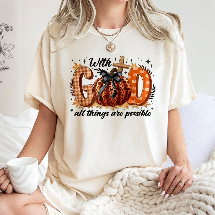 With God All Things Are Possible T-Shirt | Christian Leopard Pumpkin Fall Graphic | 100% Cotton Premium Tee | Faith-Based Autumn Gift for Women