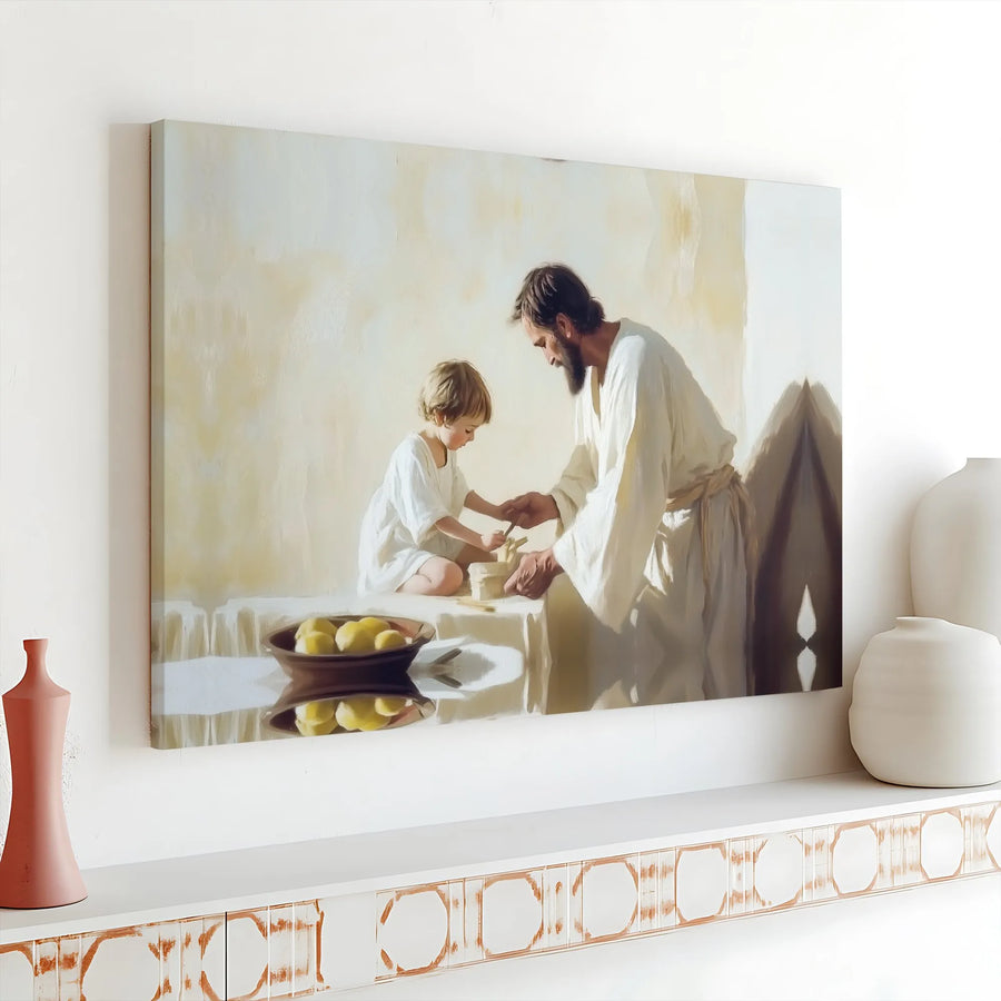 Jesus With Child Wall Art | Ceramic Clay Modeling Design | Premium Gallery Wrap Canvas | Christian Home Decor & Religious Gift
