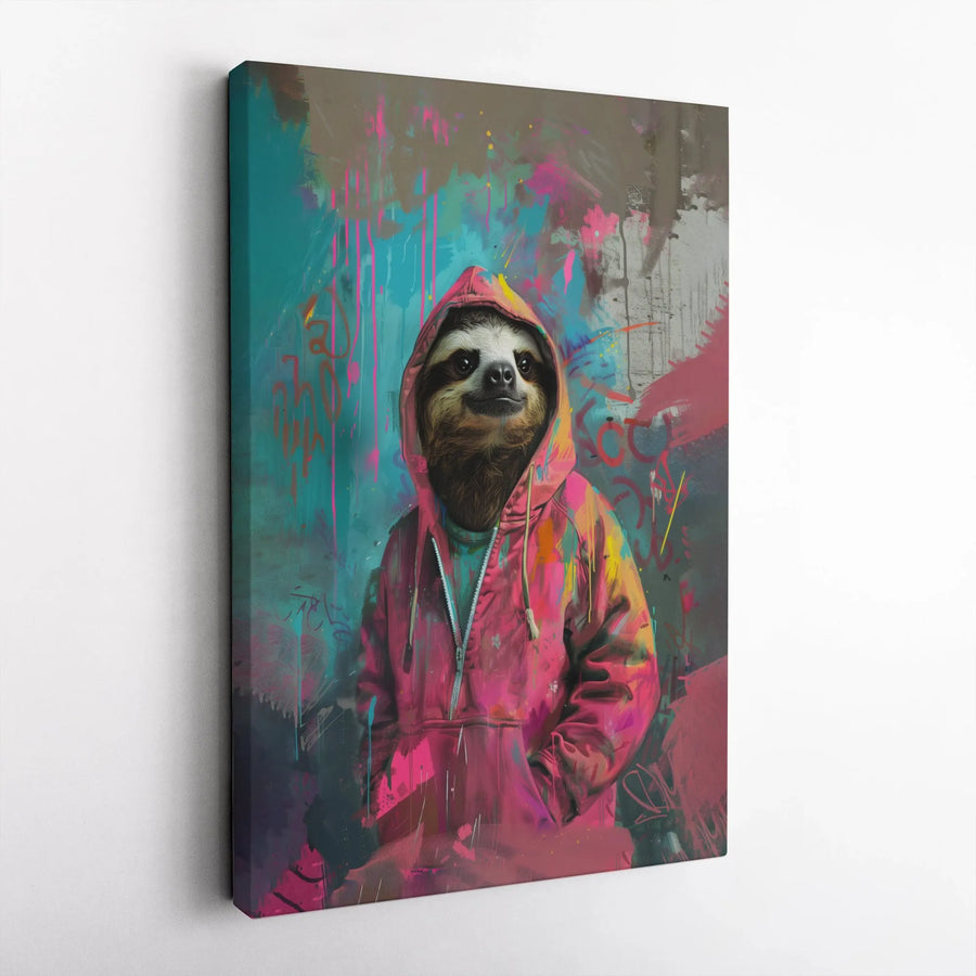 Graffiti Sloth Canvas Wall Art | Urban Street Art Style Sloth in Hoodie | Premium Gallery Wrapped Canvas | Modern Home & Dorm Decor Gift