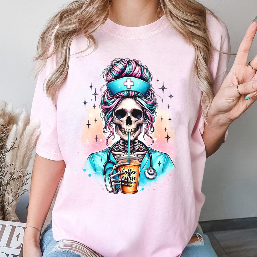 Nurse T-Shirt | Skeleton Iced Coffee Nurse Graphic | 100% Soft Cotton Premium Tee | Funny Medical Professional Gift for Nurses
