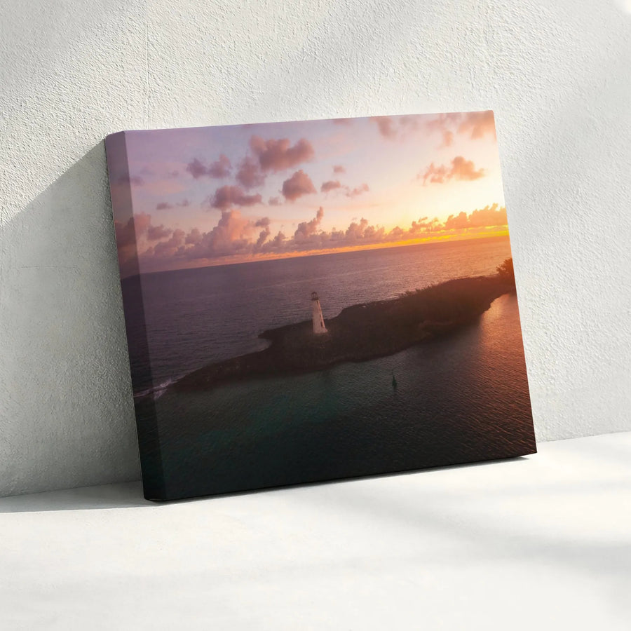 Lighthouse Island Canvas Wall Art | Golden Hour Sunset Seascape Print | Premium 1.25-Inch Gallery Wrap | Coastal Home Decor Gift for Beach Lovers