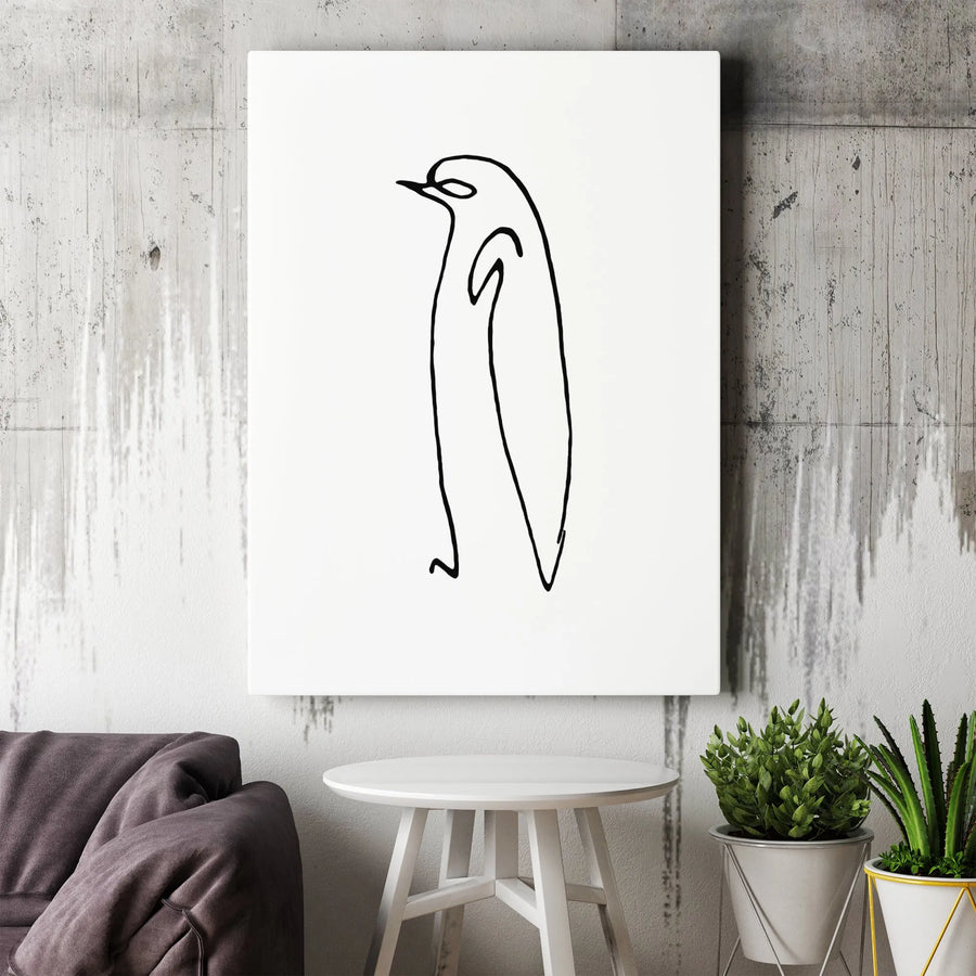 Minimalist Penguin Canvas Wall Art | Single Line Drawing Print | Premium Gallery Wrapped | Modern Black and White Home Decor Gift