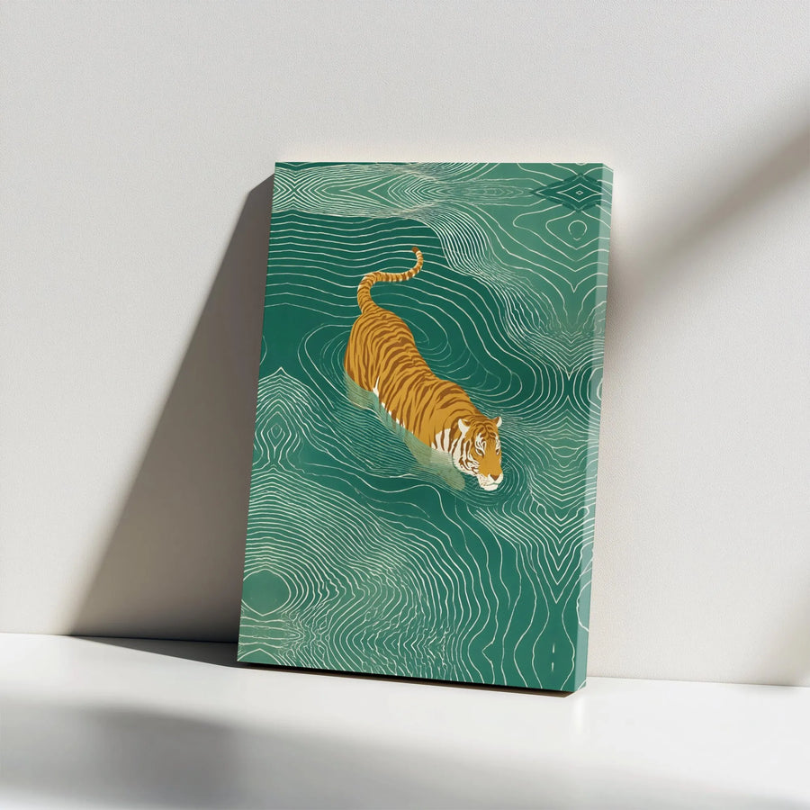 Tiger Swimming Canvas Wall Art | Geometric Rippled Water Print | Premium Gallery Wrap Decor | Modern Wildlife Home Decor Gift