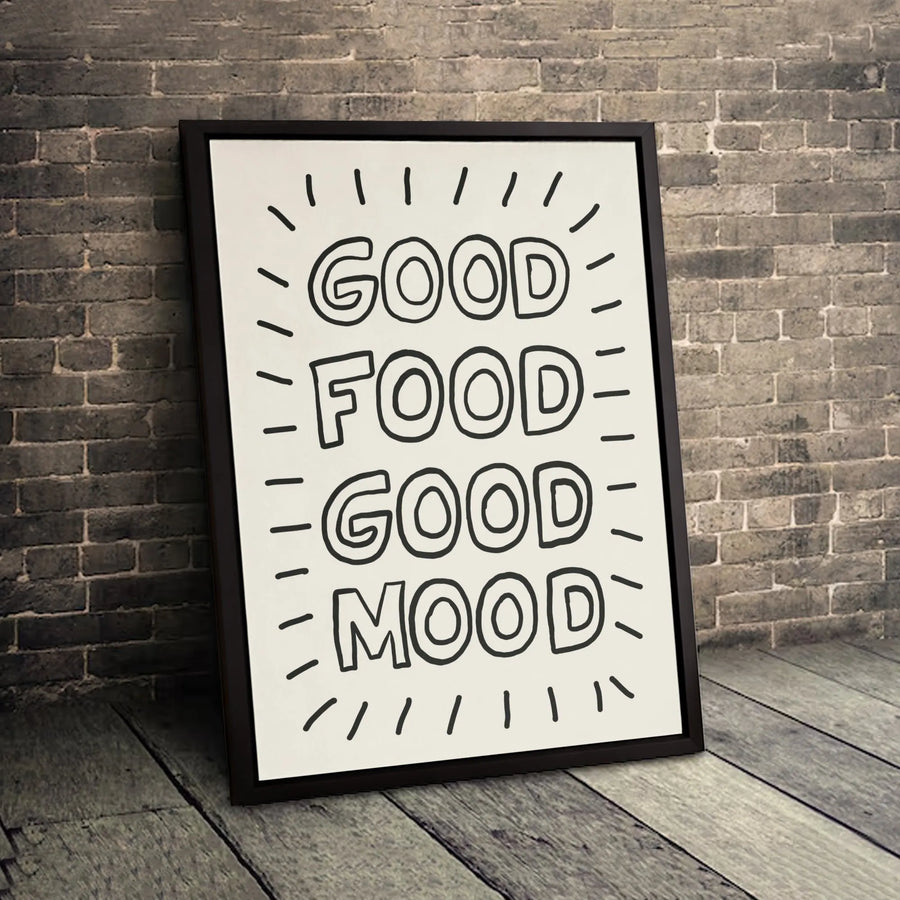 Good Food Good Mood Canvas Wall Art | Minimalist Typography Kitchen Decor | Premium Fade-Resistant Print | Framed or Unframed Quote Gift