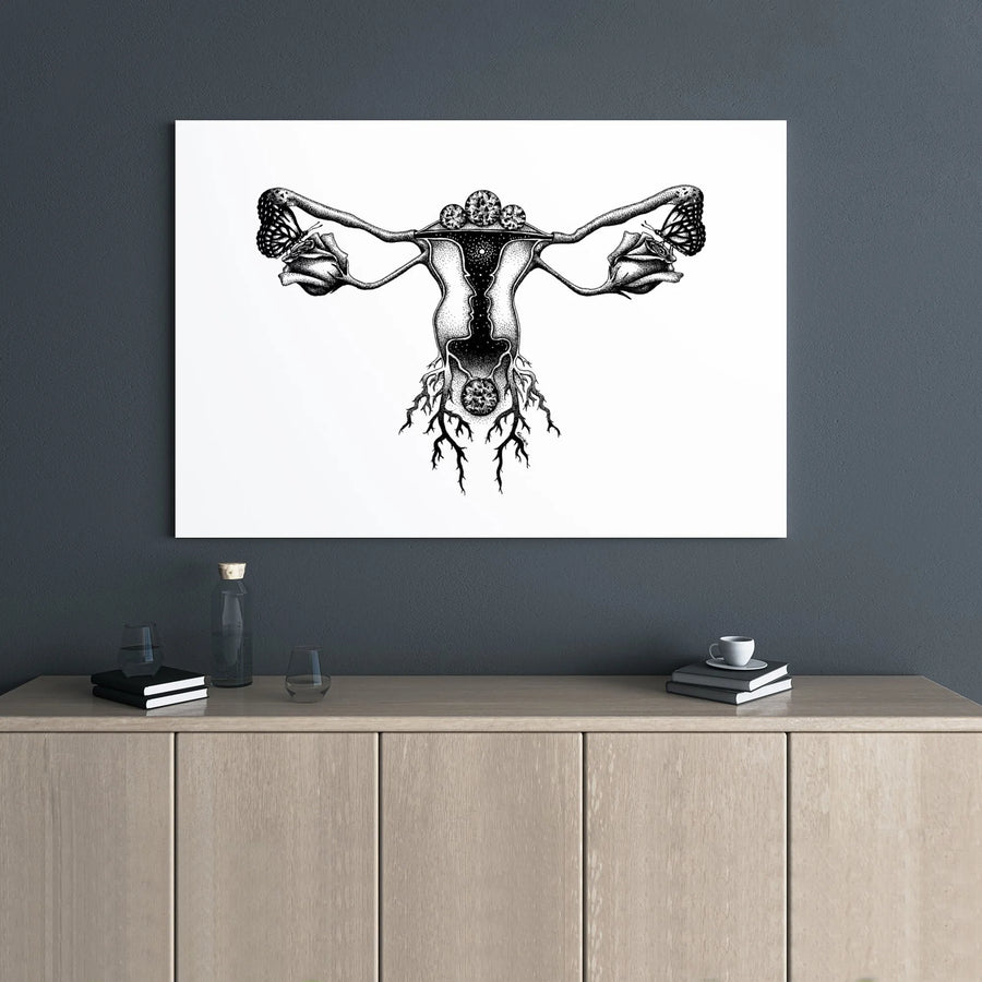 Anatomical Uterus Canvas Print | Botanical Floral Butterfly Dotwork Art | Premium Stretched Gallery Wrap | Feminine Gynecologist Gift Decor
