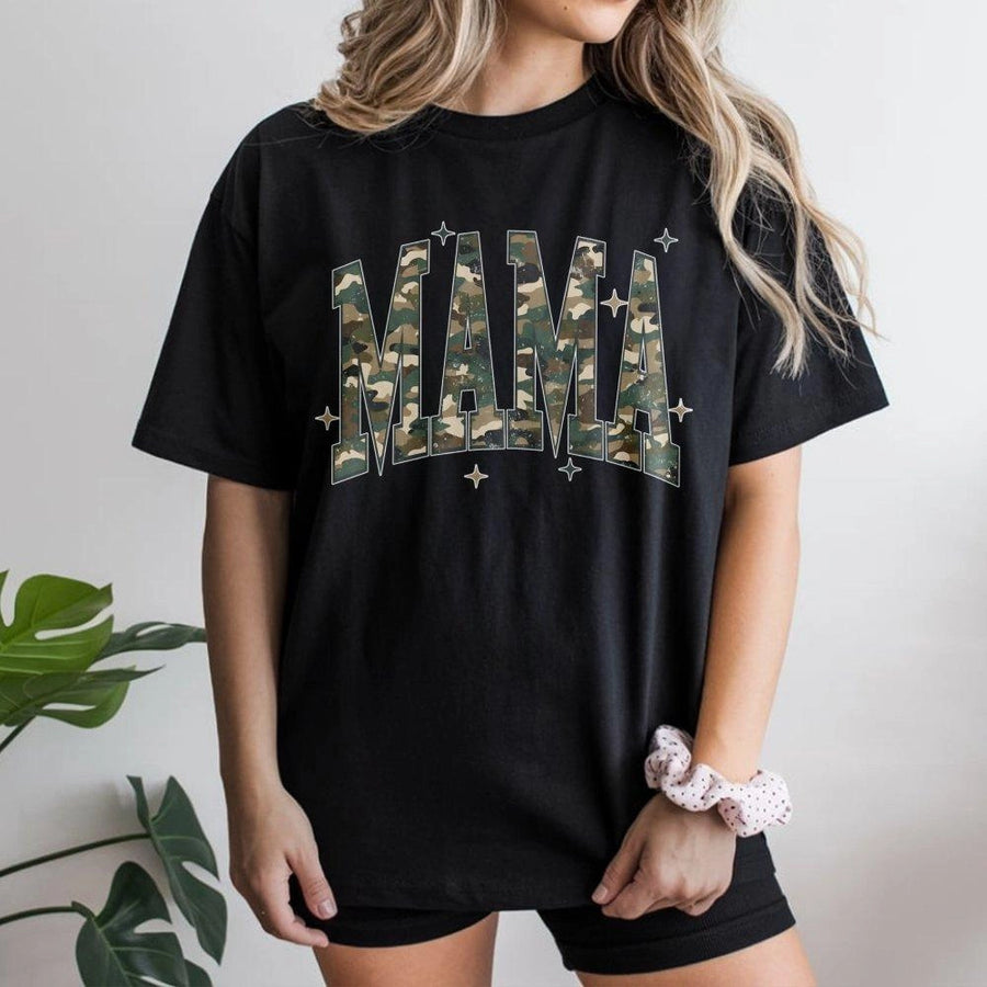Camo Mama T-Shirt | Distressed Army Print Lettering With Stars | Premium 100% Cotton Tee | Trendy Mother's Day 2026 Gift For New Moms And Wife