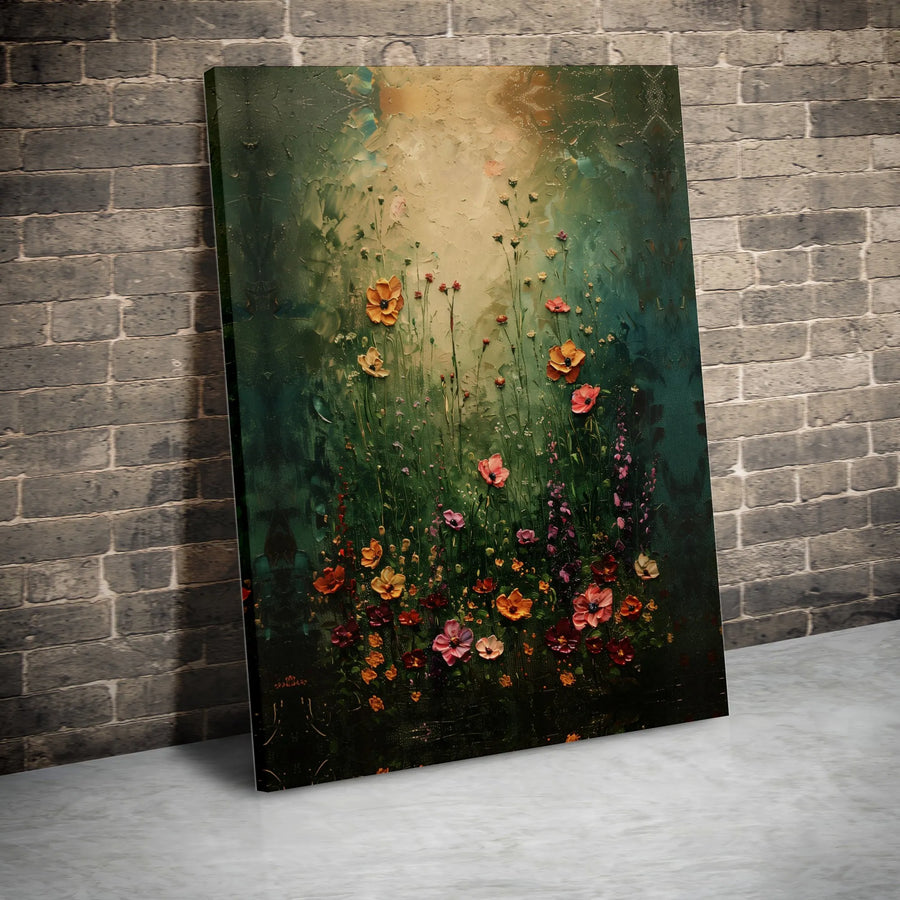 Wildflower Meadow Canvas Print | Moody Botanical Oil Painting Style | Premium Fade-Resistant Gallery Wrap | Floral Home Decor Wall Art