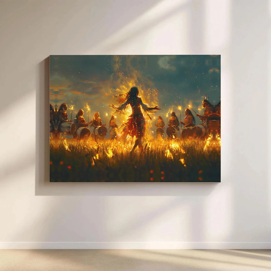 Tribal Fire Dance Canvas Art | Spiritual Ceremony with Drummers | Premium Fade-Resistant Print | Boho & Spiritual Home Decor Gift