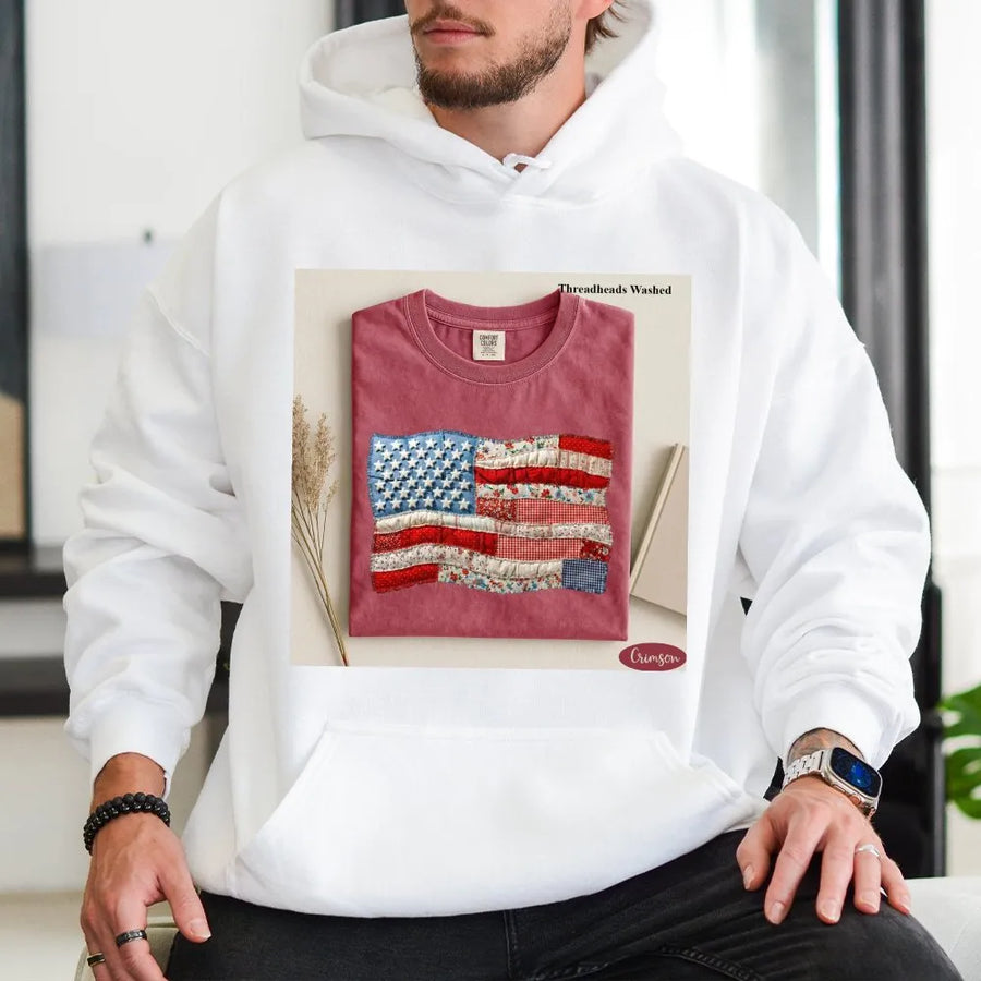 American Flag Hoodie | Retro Faux Patchwork USA Flag Design | Premium Comfort Colors | Patriotic Gift for Men & Women
