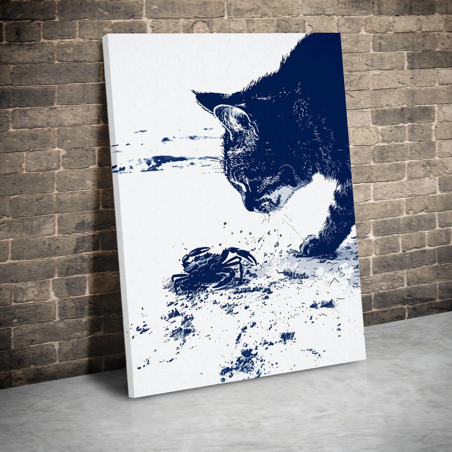 Cat and Crab Wall Art | High Contrast Blue and White Animal Print | Gallery Quality 1.25" Canvas | Modern Coastal Home Decor Gift