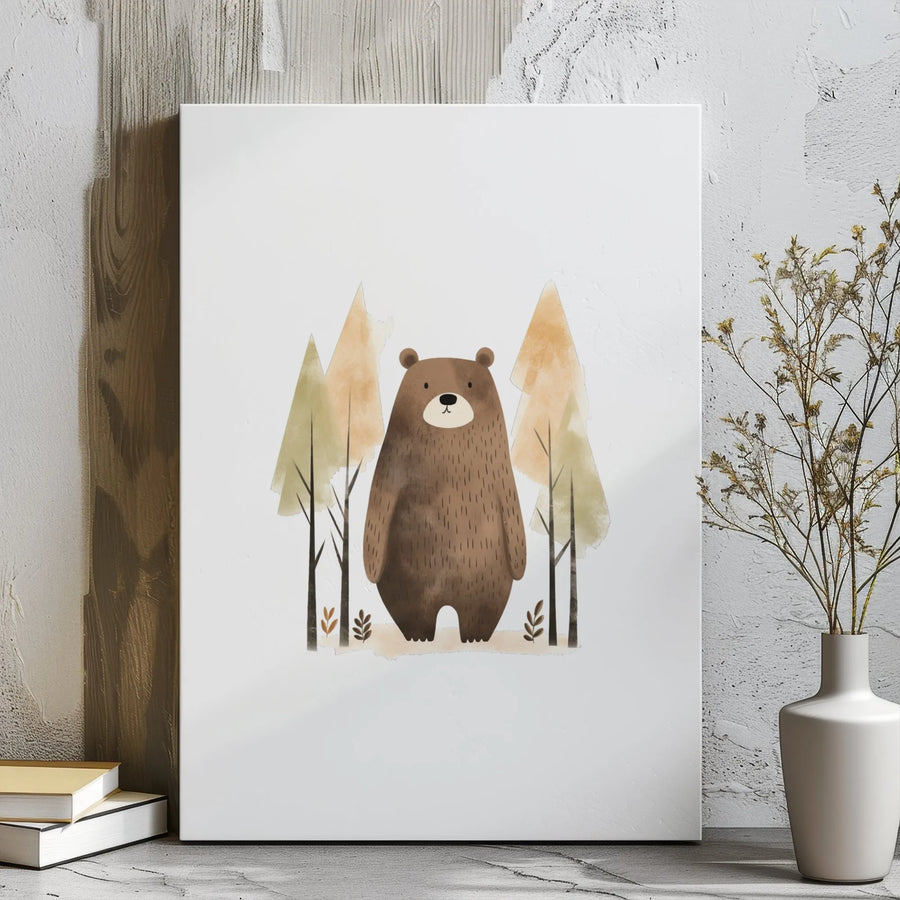 Brown Bear Canvas Print | Watercolor Forest Nursery Wall Art | Premium Gallery Wrapped Decor | Woodland Animal Theme Gift for Kids