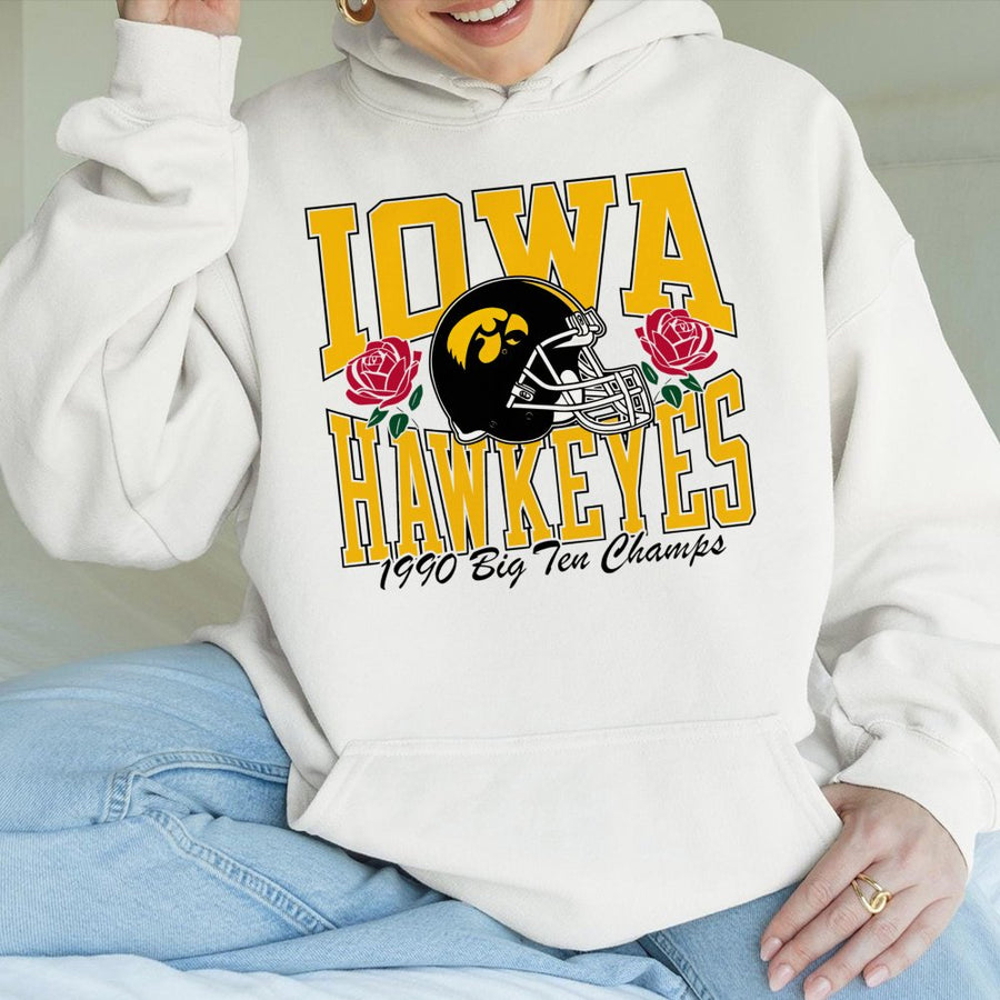 Iowa Football 1990 Big Ten Champs Hoodie Vintage College Sports Hoodie Retro Team Graphic Game Day Style Soft Cotton