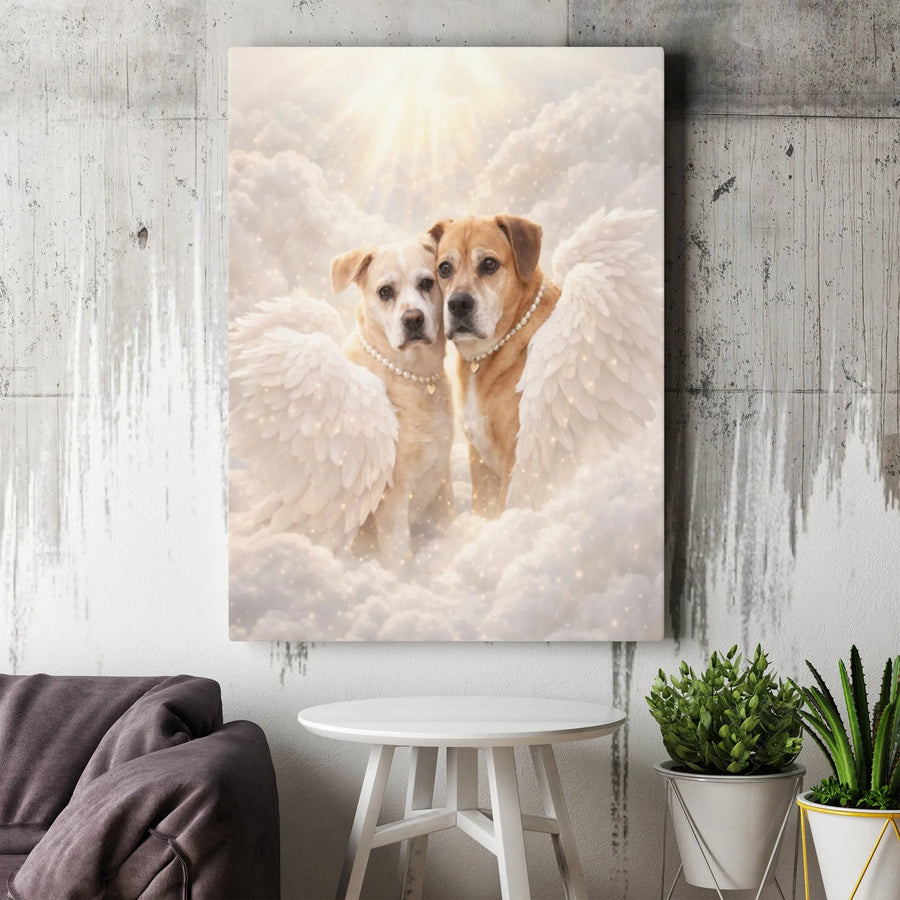 Dog Memorial Canvas Print | Two Dogs with Angel Wings in Heaven | Premium Gallery Wrapped Art | Pet Loss Sympathy Gift for Dog Owner