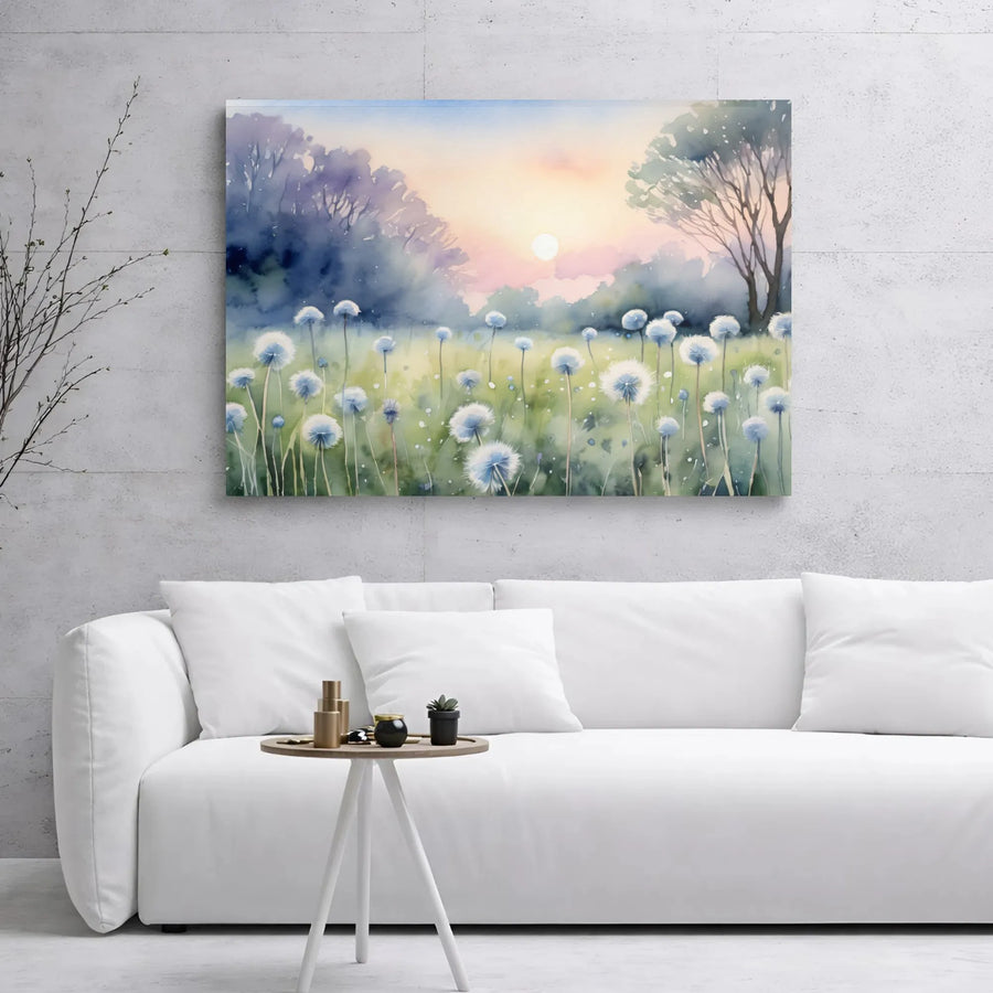 Dandelion Field Canvas Wall Art | Watercolor Sunrise Landscape Print | 1.25 Inch Premium Gallery Wrap | Modern Home Decor Gift