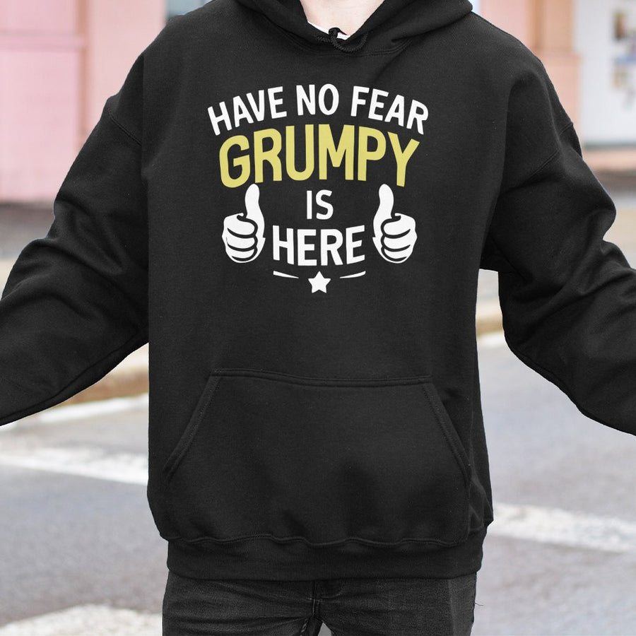 Grumpy Is Here Hoodie | Funny Sarcastic Quote Graphic Sweatshirt | Premium Cotton-Poly Blend | Unisex Gift for Moody Friends and Introverts