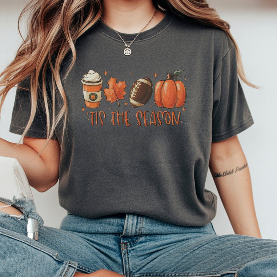 Tis The Season Fall T-Shirt | Pumpkin Spice Latte & Football Autumn Graphic Tee | 100% Premium Cotton | Cute Thanksgiving Gift For Her