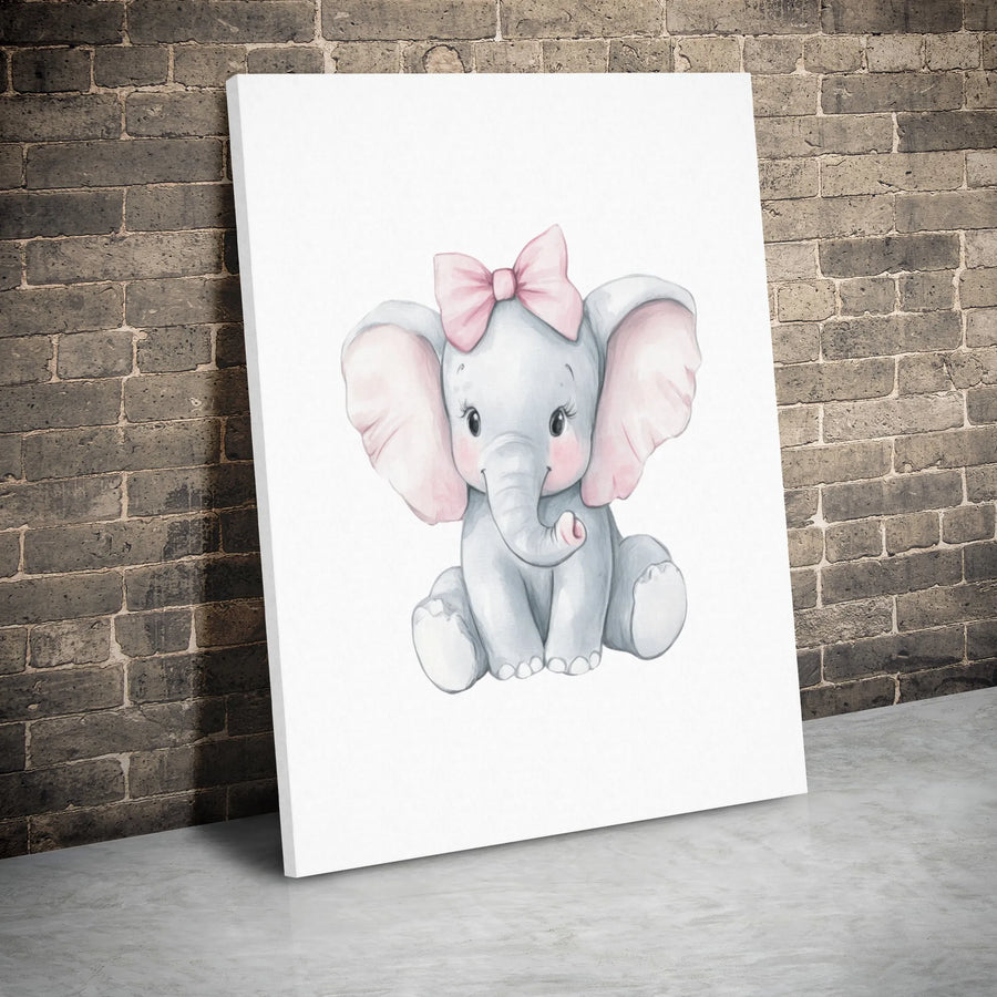Baby Girl Elephant Canvas Art | Watercolor Nursery Wall Decor with Pink Bow | Premium Stretched Gallery Wrap | Cute Animal Gift for Baby Shower