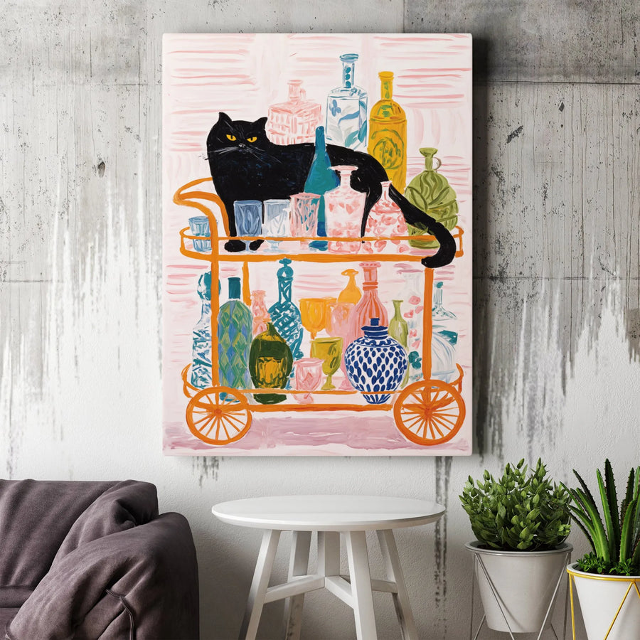 Black Cat Bar Cart Wall Art | Mid Century Modern Whimsical Canvas Print | Premium Gallery Wrap Decor | Unique Gift for Cat Lovers