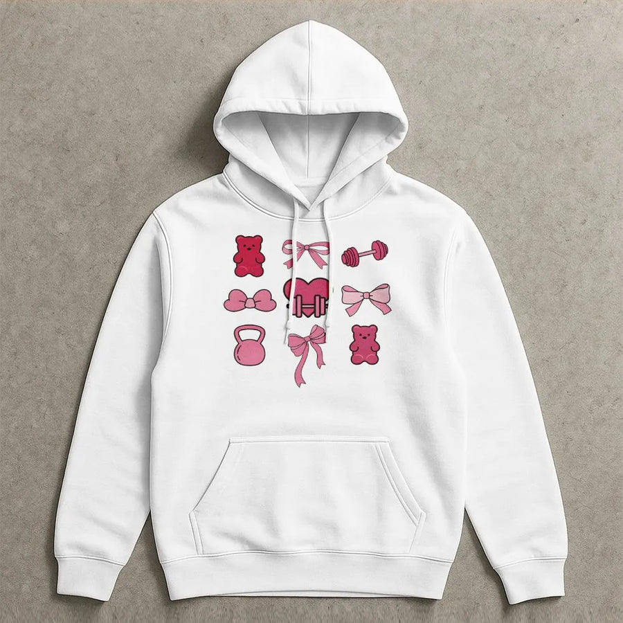 Pink Bow Gym Hoodie | Coquette Aesthetic Weightlifting Graphic | Premium Cotton Blend | Aesthetic Fitness Gift for Her