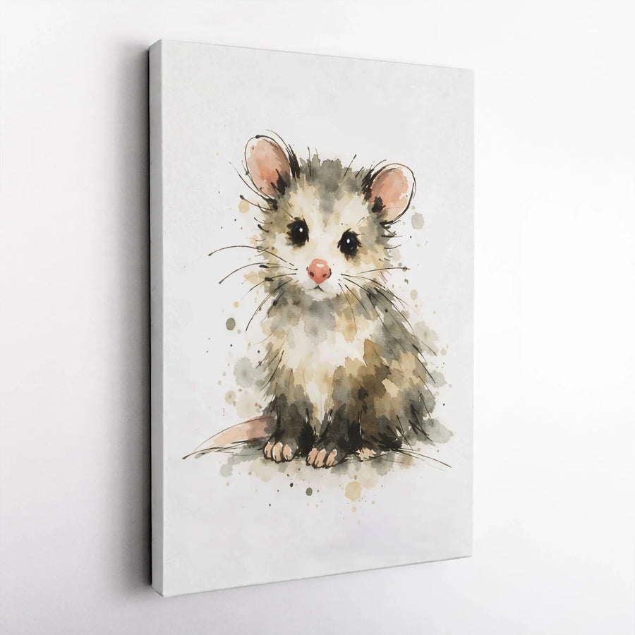 Baby Opossum Canvas Wall Art | Cute Watercolor Possum Portrait | Premium Gallery Wrapped Canvas | Woodland Nursery Decor Gift for Animal Lover