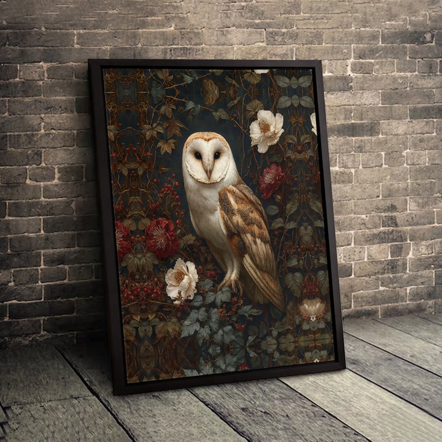 Barn Owl Canvas Wall Art | Dark Botanical Floral Painting | Premium Gallery Wrap Print | Moody Nature Home Decor Gift