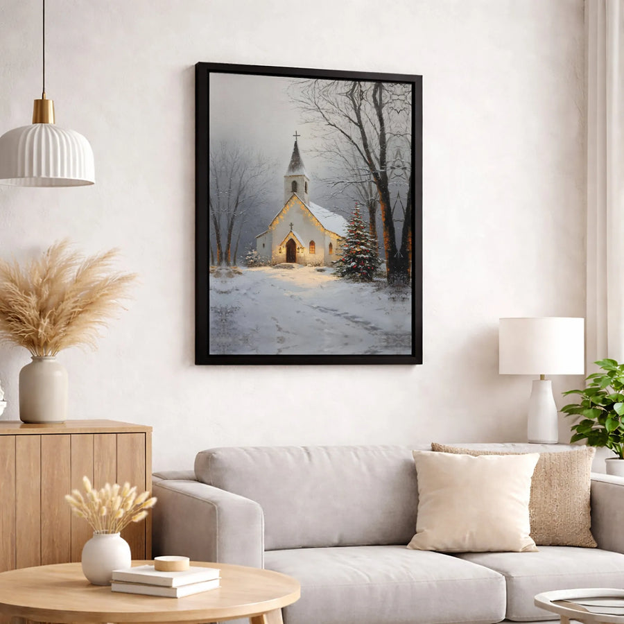 Winter Church Canvas Wall Art | Snowy Christmas Tree Scene | Premium 1.25 Inch Gallery Wrap | Holiday Home Decor Gift