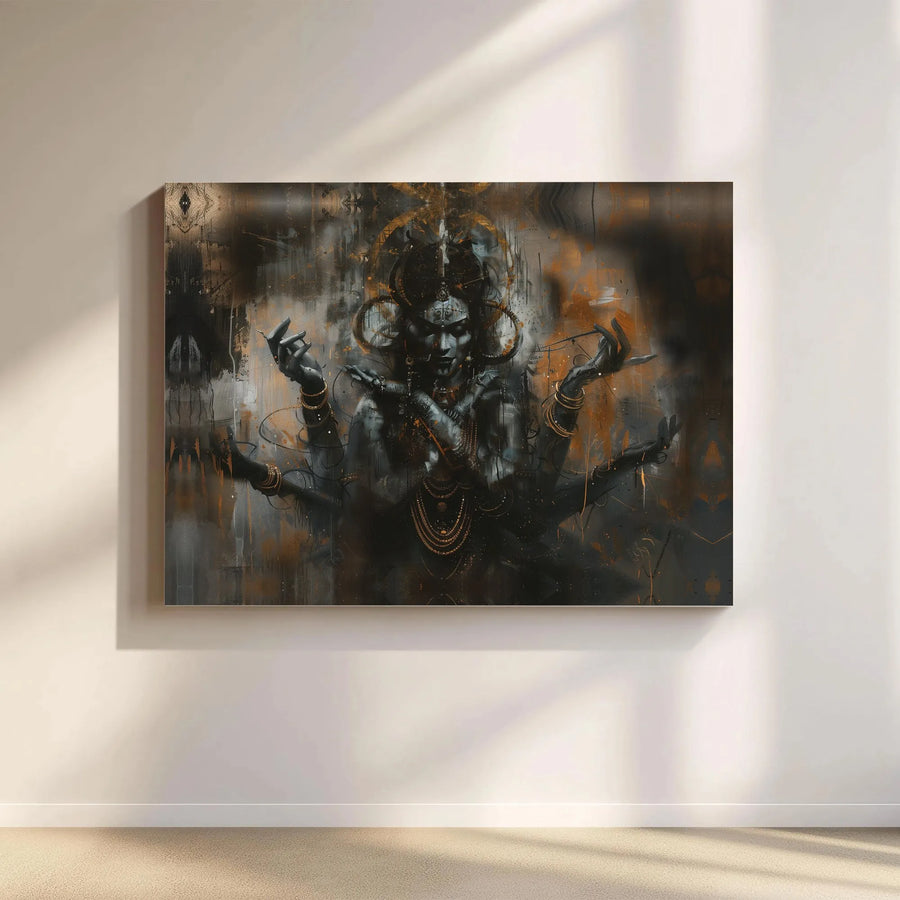 Dark Abstract Hindu Deity Canvas Art | Multi-Armed God Spiritual Wall Decor | Premium Gallery Wrap Print | Meditative Home Office Gift