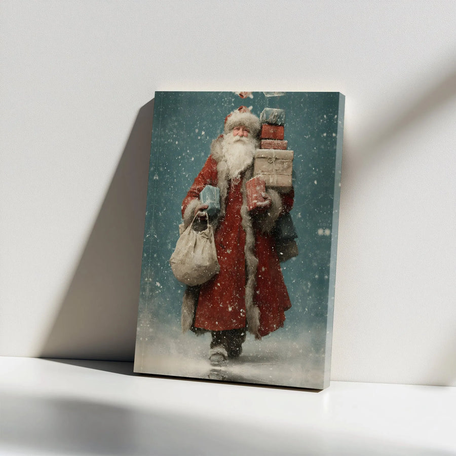 Vintage Santa Claus Wall Art | Nostalgic Winter Scene with Presents | Premium Gallery Wrap Canvas | Holiday Home Decor Gift