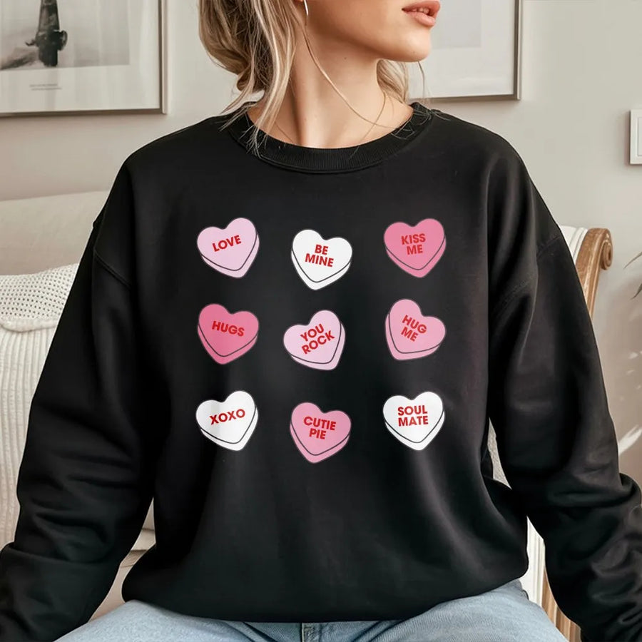 Conversation Hearts Sweatshirt | Retro Valentine Candy Print | Premium Cotton Blend Crewneck | Cute Valentine's Day Gift For Her Teacher