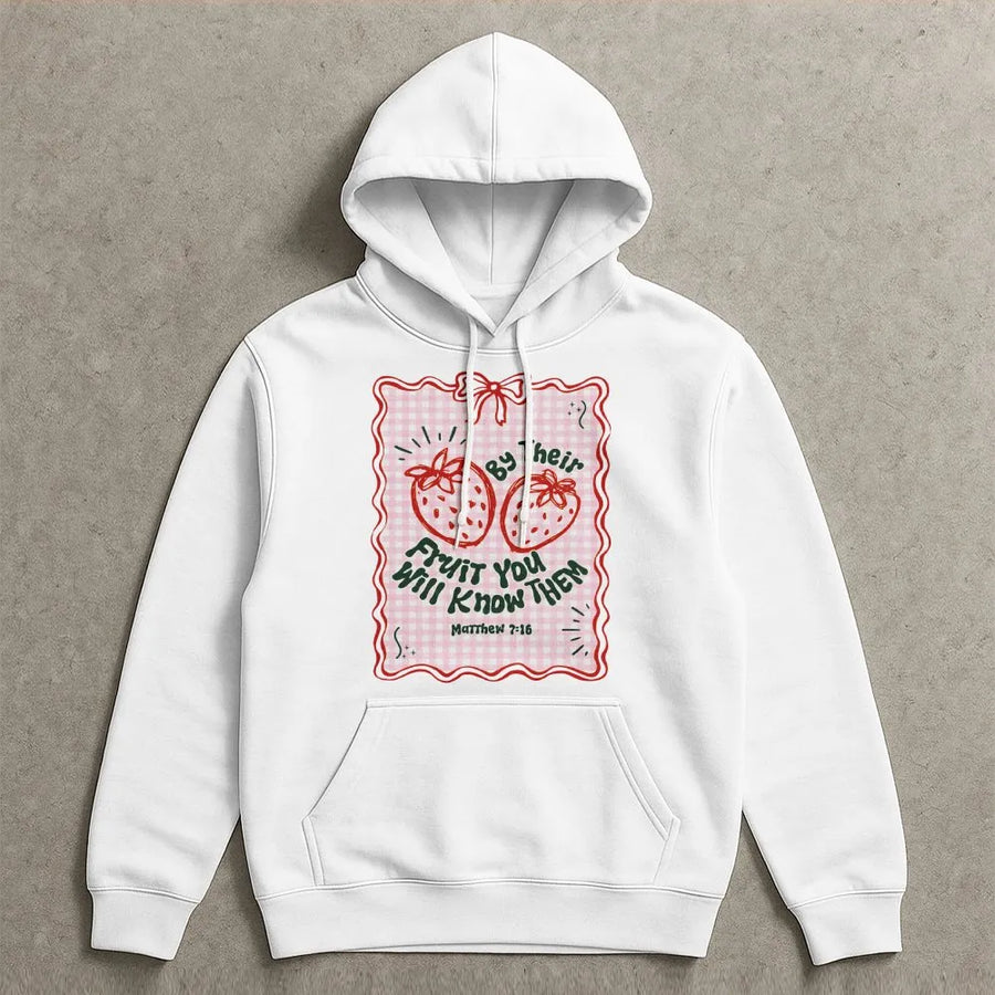 By Their Fruit You Will Know Them Hoodie | Cute Strawberry Christian Apparel | Soft Cotton Blend | Religious Gift for Her