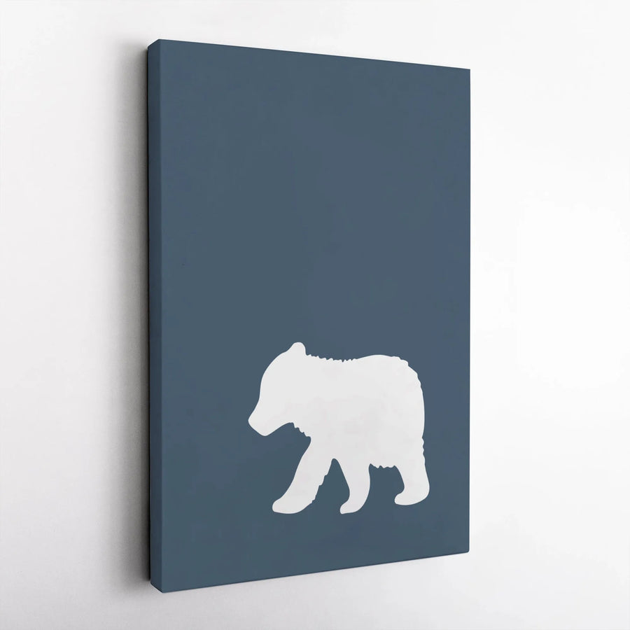 Minimalist Bear Cub Canvas Wall Art | Navy Blue Woodland Animal Silhouette | Premium Stretched Canvas Print | Modern Nursery Decor Gift for Kids