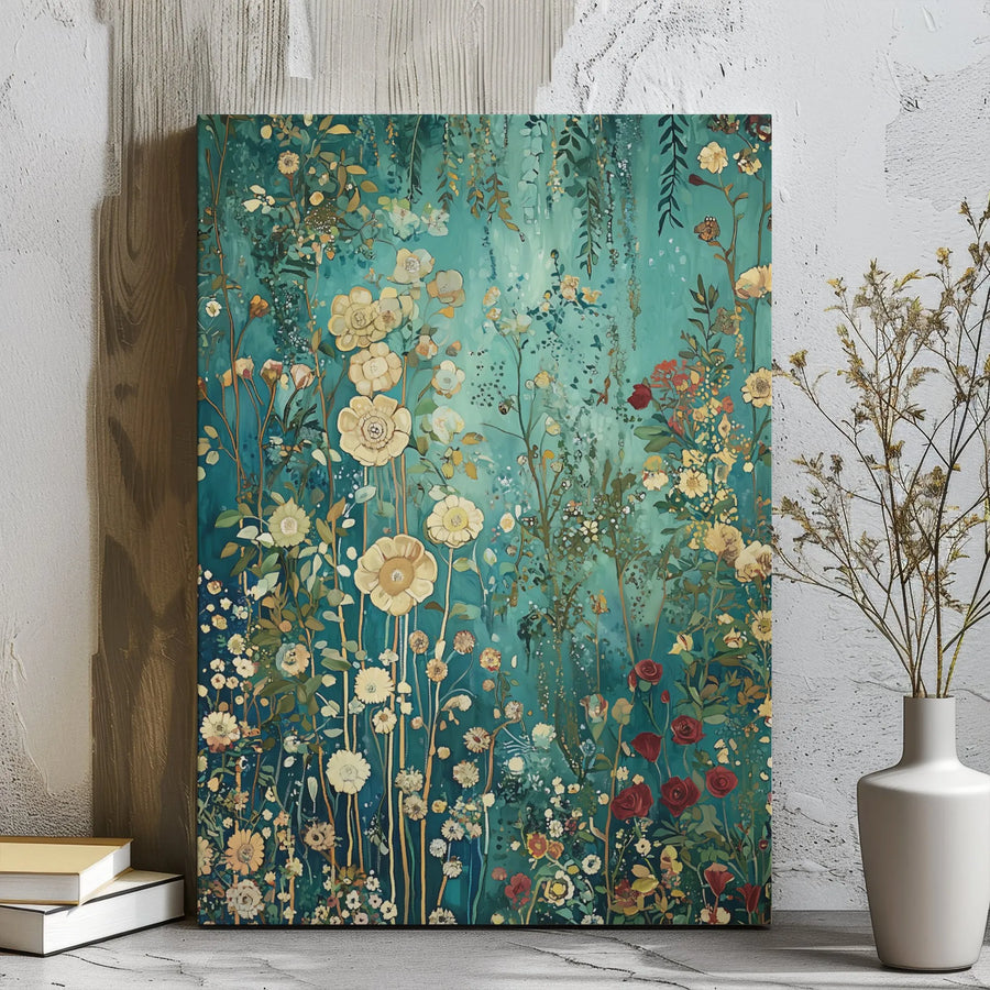 Teal Floral Meadow Canvas Wall Art | Vintage Botanical Garden Print | Premium Gallery Wrap Canvas | Aesthetic Home Decor Gift for Her