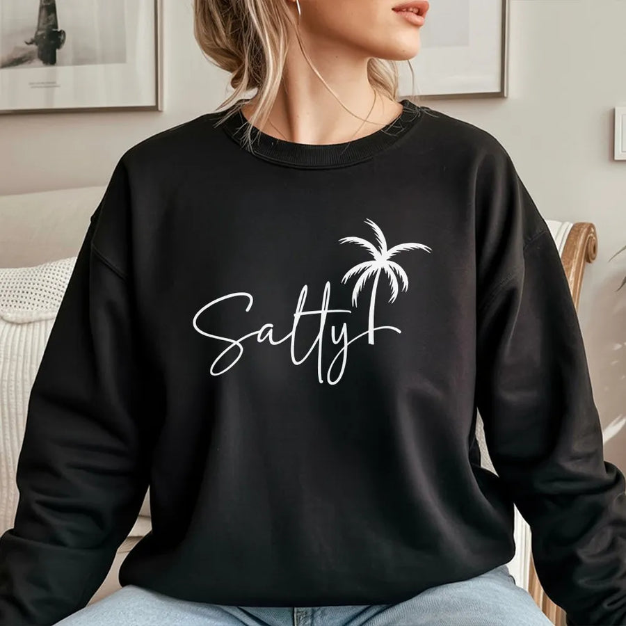 Salty Palm Tree Sweatshirt | Minimalist Beach Graphic Sweatshirt | Soft Cotton Blend | Summer Vacation Gift for Women