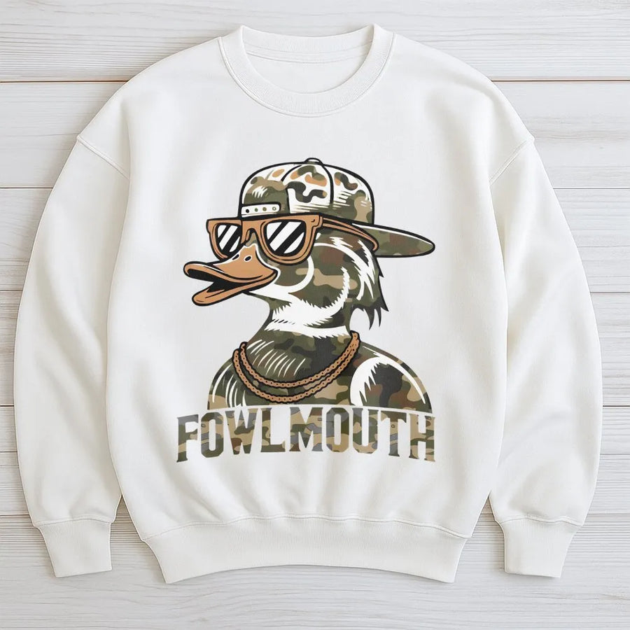 Fowlmouth Duck Hunting Sweatshirt | Camo Streetwear Graphic Design | Premium Cotton Blend Fleece | Funny Outdoor Hunter Gift for Men