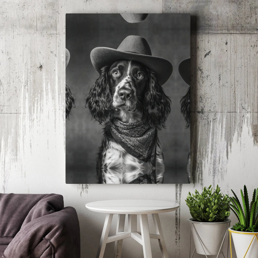Cowboy Dog Canvas Wall Art | Black and White Western Pet Portrait | Premium Thick Gallery Wrap | Unique Gift for Dog Lover