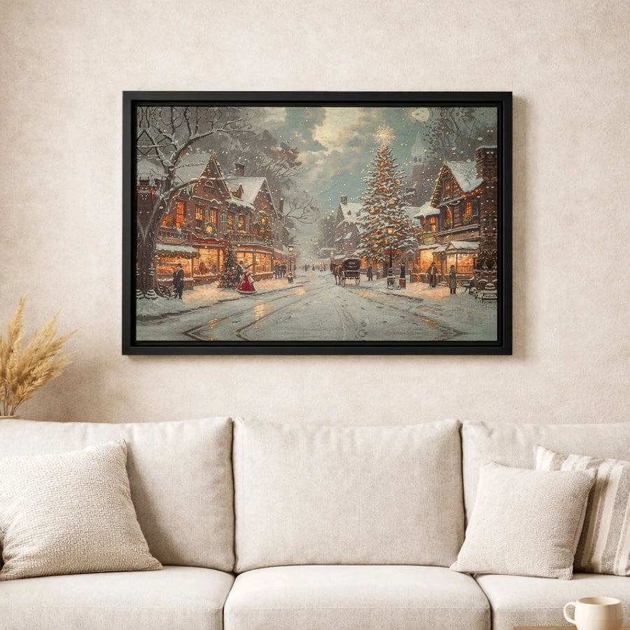 Christmas Village Canvas Print | Vintage Snowy Town Street Scene | Premium Gallery Wrap Wall Art | Festive Holiday Decor Gift for Home