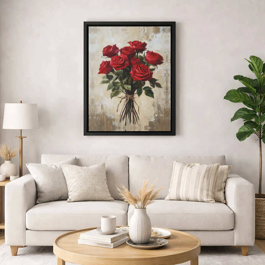 Red Rose Bouquet Canvas Wall Art | Painterly Floral Oil Painting Style | Premium 1.25" Thick Gallery Wrap | Romantic Home Decor Gift