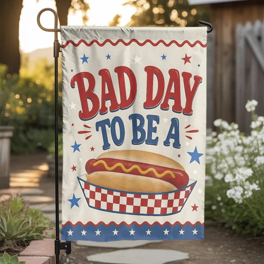 Funny Hotdog Garden Flag | Bad Day To Be A Hotdog Quote | Double-Sided Weatherproof Banner | Summer BBQ Party Decor Gift for Grill Master