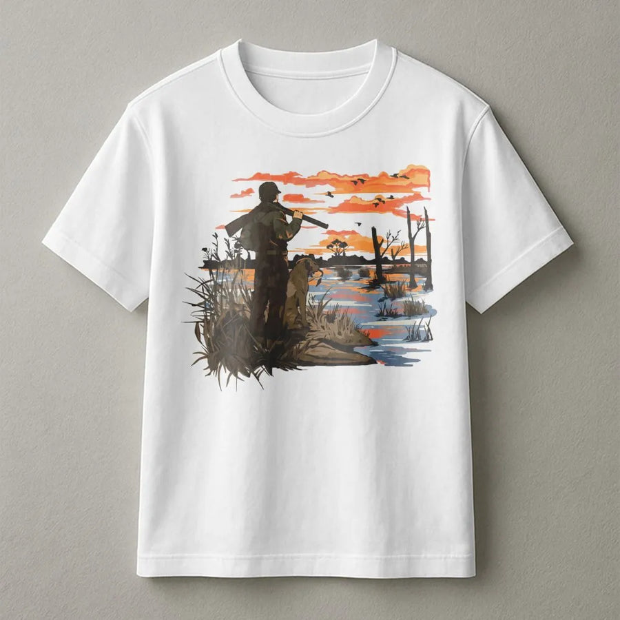 Duck Hunting T-Shirt | Vintage Waterfowl Hunter & Retriever Dog Graphic | 100% Soft Cotton Premium Tee | Outdoor Wildlife Gift For Men & Women