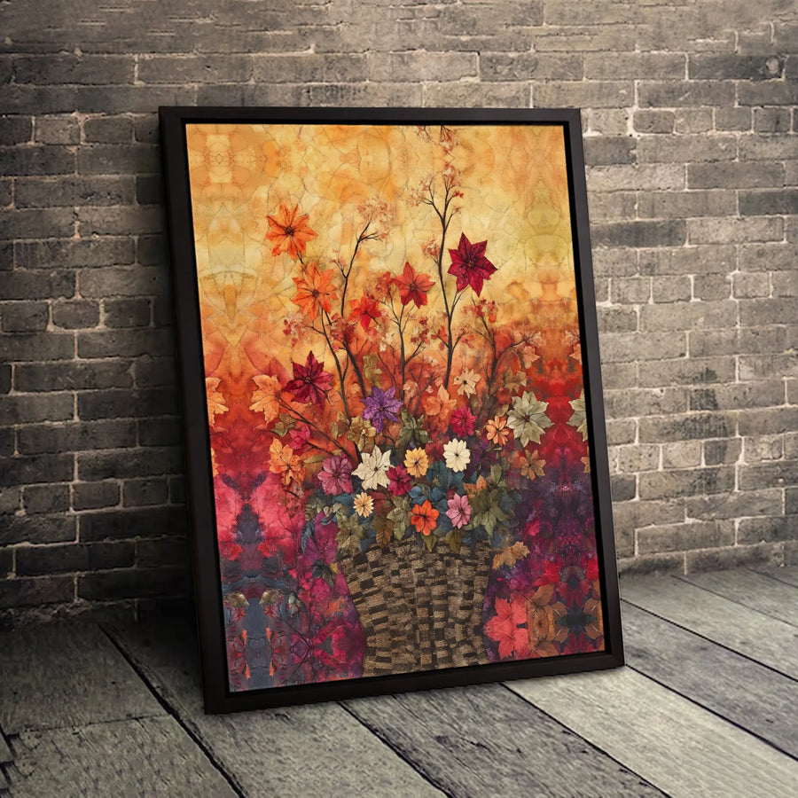 Autumn Floral Canvas Wall Art | Vibrant Fall Flower Bouquet in Basket | Premium Fade-Resistant Print | Rustic Farmhouse Home Decor