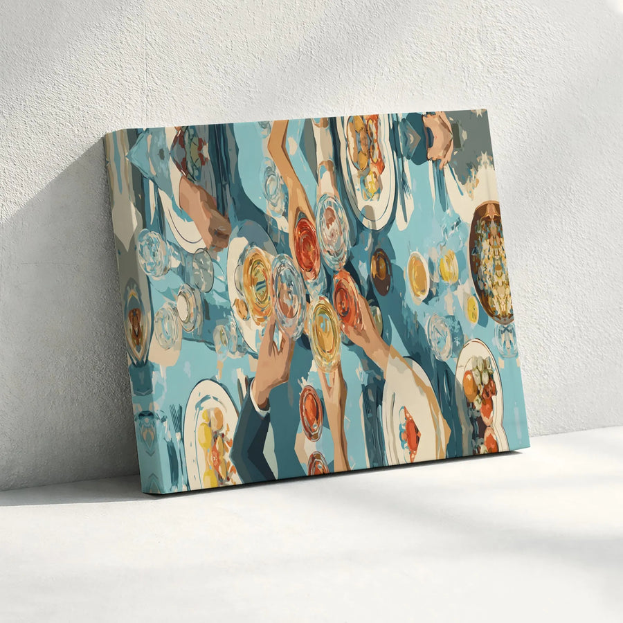 Dinner Party Celebration Horizontal Canvas | Modern Overhead Feast Art Print | Premium 1.25" Gallery Wrap | Perfect Dining Room Wall Art, Housewarming Gift