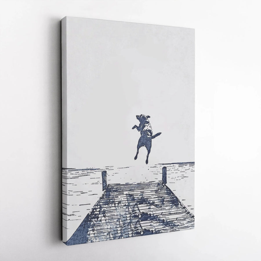 Dog Jumping Off Pier Canvas | Minimalist Lake House Sketch Art | Gallery Quality 1.25 Inch Wrap | Premium Gift for Pet Lovers