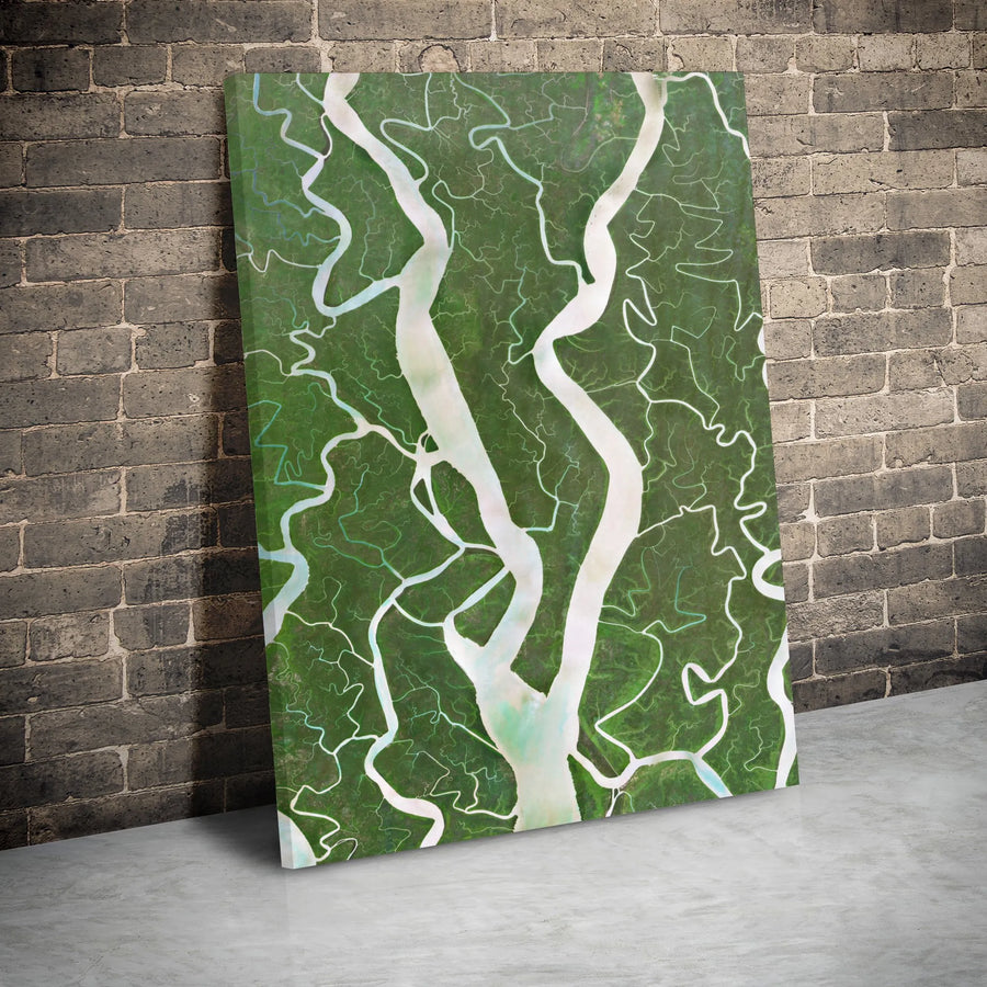 River Delta Aerial Wall Art | Green Nature Landscape Canvas | Premium Gallery Wrap Print | Modern Office & Home Decor Gift