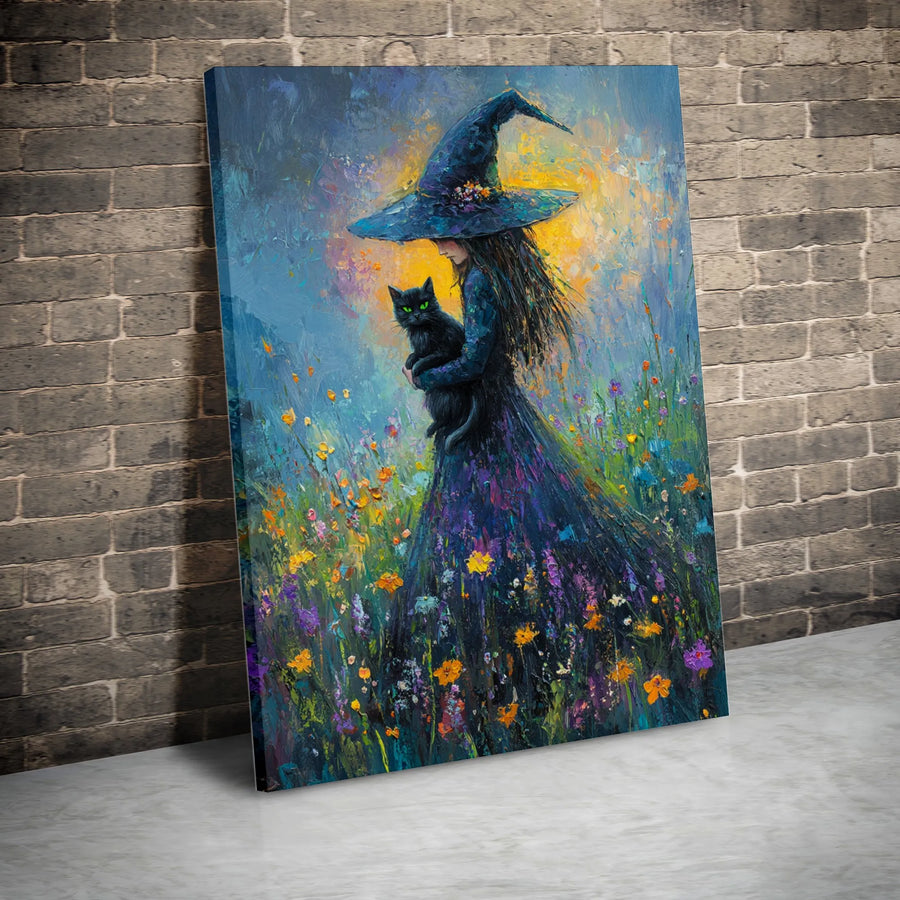Witch With Black Cat Canvas Print | Whimsical Wildflower Meadow Oil Painting Style | 1.25-Inch Gallery Wrap | Gothic Cottagecore Home Decor Gift